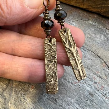 Bronze Tree Earrings, Long Tree Dangles, Czech Glass Beads, Hand Carved, Hypoallergenic Niobium, Nature Earth Jewelry, Recycled Eco Friendly