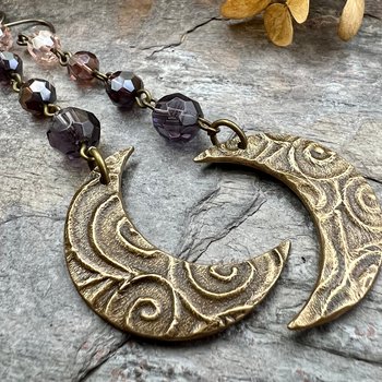 Crescent Moon Bronze Earrings, Purple Crystal Beads, Celtic Moon Goddess, Long Beaded Moon Earrings, Hypoallergenic, Pagan Wicca Art