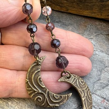 Crescent Moon Bronze Earrings, Purple Crystal Beads, Celtic Moon Goddess, Long Beaded Moon Earrings, Hypoallergenic, Pagan Wicca Art