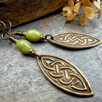 Celtic Knot Bronze Earrings, Irish Celtic Jewelry, Connemara Marble, Long Pointed Oval, Ireland, Handmade Art Jewelry, Celtic Pagan Witch