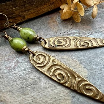 Bronze Spiral Dagger Earrings, Connemara Marble, Irish Celtic Spirals, Dangle Earrings, Hypoallergenic Ear Wires, Statement Earrings, Witchy