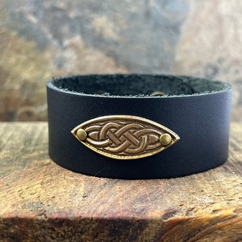 Celtic Knots, Bronze & Leather Cuff Bracelet, Irish Celtic, Unisex Jewelry, Black Leather Adjustable Cuff, Size 6.75-8, Earthy Rustic