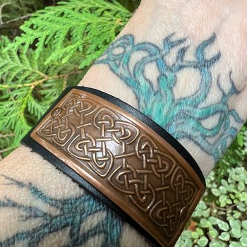 Celtic Knots, Copper & Leather Cuff Bracelet, Irish Celtic, Unisex Jewelry, Black Leather Adjustable Cuff, Size 6.75-8, Earthy Rustic
