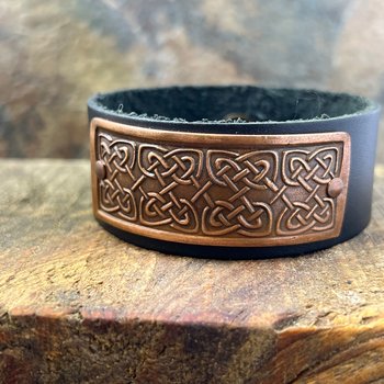 Celtic Knots, Copper & Leather Cuff Bracelet, Irish Celtic, Unisex Jewelry, Black Leather Adjustable Cuff, Size 6.75-8, Earthy Rustic