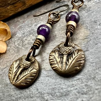 Scottish Thistle Earrings, Outlander Highlander, Scotland Gifts, Amethyst Beads, Wax Seal Jewelry, Small Disc Earrings, Every day Jewelry