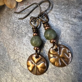 Shamrock Copper Earrings, Irish Clovers, Connemara Marble, Irish Shamrock, Irish Celtic Jewelry, St Patrick's Day, Copper 7th Anniversary