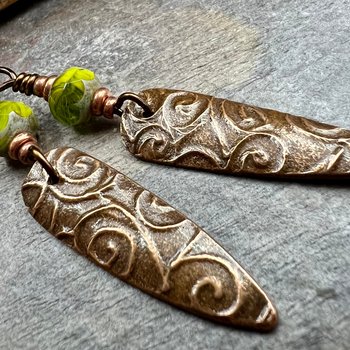 Celtic Spiral Earrings, Copper Shield, Irish Celtic Spirals, Statement Dangle Earrings, Hypoallergenic Ear Wires, Green Czech Glass, Goddess
