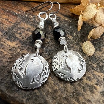 Sterling Silver Raven Earrings, Irish Celtic Jewelry, Crow Blackbird, Niobium Ear Wires, Hypoallergenic, Czech Glass Beads, Pagan Jewelry