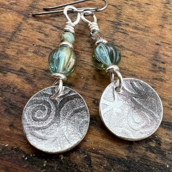 Sterling Silver Disc Earrings, Brushed Silver, Spirals, Blue Czech Glass, Niobium Ear Wires, Hypoallergenic, Concave Disc Earrings, Handmade