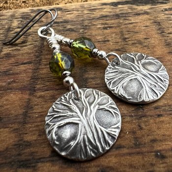 Tree of Life, Sterling Silver Earrings, Tree Branches, Czech Glass, Niobium Ear Wires, Hypoallergenic, Round Disc, Green Tree Witch, Druid