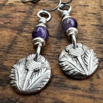 Scottish Thistle Earrings, Outlander Jewelry, Sterling Silver, Highlander Jewelry, Silver and Amethyst, Thistle of Scotland, Wax Seal Charm