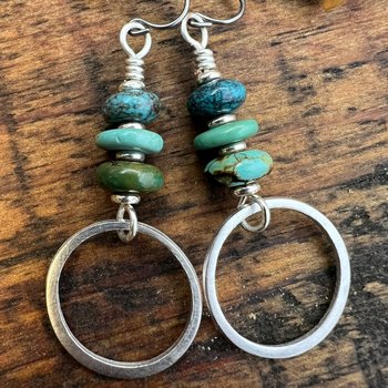Sterling Silver & Turquoise, Hoop Earrings, Light Everyday Earrings, Hypoallergenic, Niobium Ear Wires, Earthy Rustic Jewelry