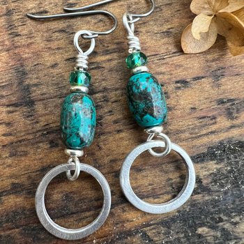 Sterling Silver & Turquoise, Hoop Earrings, Light Everyday Earrings, Hypoallergenic, Niobium Ear Wires, Earthy Rustic Jewelry