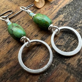 Sterling Silver & Turquoise, Hoop Earrings, Light Everyday Earrings, Hypoallergenic, Niobium Ear Wires, Earthy Rustic Jewelry