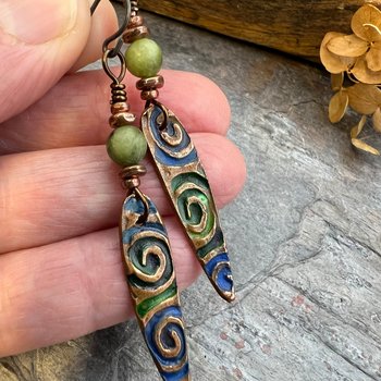 Copper Spirals Earrings, Copper Patina, Irish Celtic Jewelry, Colorful Copper, Connemara Marble, Celtic Witch Goddess, Handmade Art Jewelry
