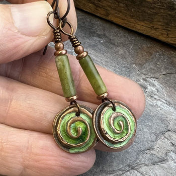 Copper Spirals Earrings, Copper Patina, Irish Celtic Jewelry, Colorful Copper, Connemara Marble, Celtic Witch Goddess, Handmade Art Jewelry