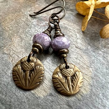 Scottish Thistle Earrings, Outlander Jewelry, Bronze Anniversary, Gifts for Her, Scotland Gifts, Czech Glass Beads, Wax Seal Jewelry
