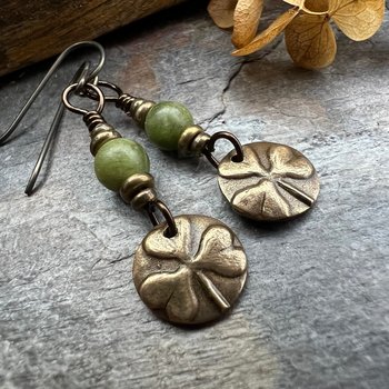 Shamrock Bronze Earrings, Irish Clovers, Connemara Marble, Irish Shamrock, Irish Celtic Jewelry, St Patrick's Day, Bronze Anniversary