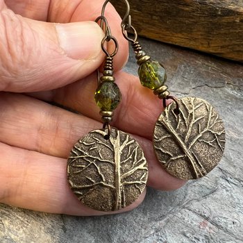 Tree of Life Earrings, Bronze Discs, Czech Glass Beads, Hypoallergenic Ear Wires, Earthy Jewelry, Hand Carved Trees, Boho Chic Style