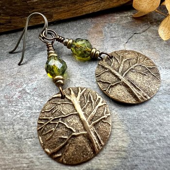 Tree of Life Earrings, Bronze Discs, Czech Glass Beads, Hypoallergenic Ear Wires, Earthy Jewelry, Hand Carved Trees, Boho Chic Style
