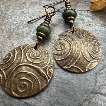 Bronze Spiral Disc Earrings, Connemara Marble, Irish Celtic Spirals, Dangle Earrings, Hypoallergenic Ear Wires, Statement Earrings, Witchy