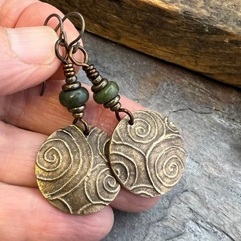 Bronze Spiral Disc Earrings, Connemara Marble, Irish Celtic Spirals, Dangle Earrings, Hypoallergenic Ear Wires, Statement Earrings, Witchy