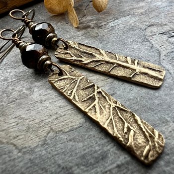 Bronze Tree Earrings, Long Tree Dangles, Czech Glass Beads, Hand Carved, Hypoallergenic Niobium, Nature Earth Jewelry, Recycled Eco Friendly