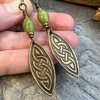 Celtic Knot Bronze Earrings, Irish Celtic Jewelry, Connemara Marble, Long Pointed Oval, Ireland, Handmade Art Jewelry, Celtic Pagan Witch
