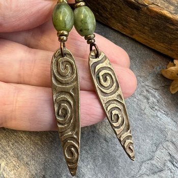 Bronze Spiral Dagger Earrings, Connemara Marble, Irish Celtic Spirals, Dangle Earrings, Hypoallergenic Ear Wires, Statement Earrings, Witchy