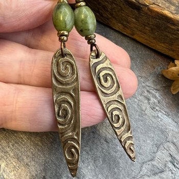 Bronze Spiral Dagger Earrings, Connemara Marble, Irish Celtic Spirals, Dangle Earrings, Hypoallergenic Ear Wires, Statement Earrings, Witchy