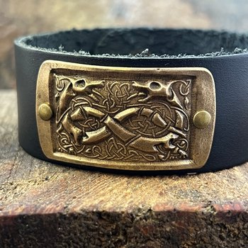 Celtic Hounds, Bronze & Leather Cuff Bracelet, Irish Celtic, Unisex Jewelry, Black Leather Adjustable Cuff, Size 6.75-8, Earthy Rustic