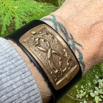 Celtic Hounds, Bronze & Leather Cuff Bracelet, Irish Celtic, Unisex Jewelry, Black Leather Adjustable Cuff, Size 6.75-8, Earthy Rustic