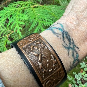 Celtic Hounds, Copper & Leather Cuff Bracelet, Irish Celtic, Unisex Jewelry, Black Leather Adjustable Cuff, Size 6.75-8, Earthy Rustic