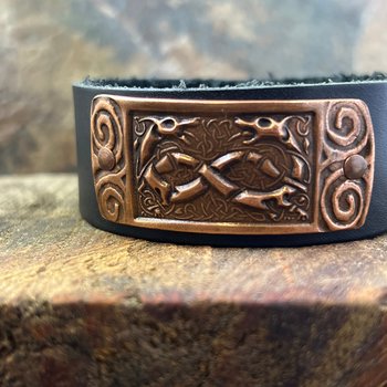 Celtic Hounds, Copper & Leather Cuff Bracelet, Irish Celtic, Unisex Jewelry, Black Leather Adjustable Cuff, Size 6.75-8, Earthy Rustic