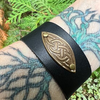 Celtic Knots, Bronze & Leather Cuff Bracelet, Irish Celtic, Unisex Jewelry, Black Leather Adjustable Cuff, Size 6.75-8, Earthy Rustic
