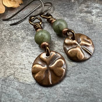 Shamrock Copper Earrings, Irish Clovers, Connemara Marble, Irish Shamrock, Irish Celtic Jewelry, St Patrick's Day, Copper 7th Anniversary