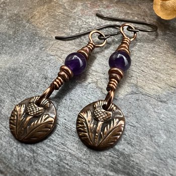 Scottish Thistle Earrings, Outlander Gifts, Copper Anniversary, Thistle of Scotland, Amethyst, Wax Seal Charm, Highlander, Disc Earrings