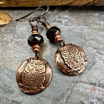 Copper Owl Earrings, Irish Celtic Jewelry, Pagan Jewelry, Copper Owl Jewelry, Witch Earrings, 7th Anniversary, Bird Lover Gifts, Earthy Gift