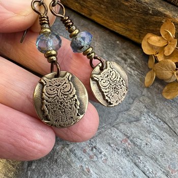 Bronze Owl Earrings, Earthy Witch Jewelry, Faceted Czech Glass Beads, Hypoallergenic Ear Wires, Light Dangle Earrings, Handmade Art Jewelry