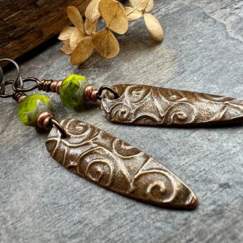 Celtic Spiral Earrings, Copper Shield, Irish Celtic Spirals, Statement Dangle Earrings, Hypoallergenic Ear Wires, Green Czech Glass, Goddess