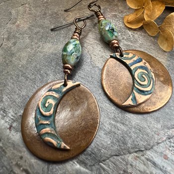 Crescent Moon, Copper Disc Earrings, Czech Glass Beads, Copper & Blue, Crescent Moon, Luna Goddess, Celtic Witch, Pagan Wicca, Moon Lover