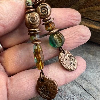 Stacked Cairn Earrings, Copper Spirals, Coral Fossil Texture, Czech Glass Beads, Hypoallergenic Ear Wires, Earthy Primitive, Arty Mismatched