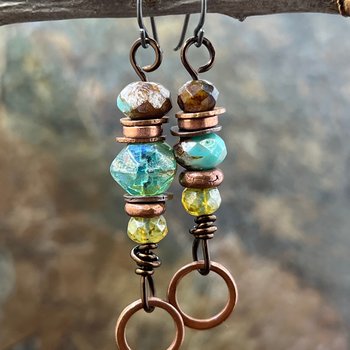 Stacked Cairn Earrings, Copper Hoops, Czech Glass Beads, Hypoallergenic Ear Wires, Earthy Primitive, Arty Mismatched Earrings, Copper & Aqua
