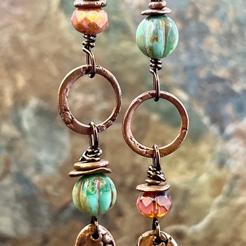 Long Copper Hoop Earrings, Stacked Cairns, Czech Glass Beads, Hypoallergenic Ear Wires, Earthy Rustic Primitive, Arty Mismatched Earrings