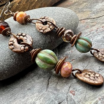 Long Dangle Copper Earrings, Stacked Cairns, Fossil Texture, Czech Glass Beads, Hypoallergenic Ear Wires, Earthy, Arty Mismatched Earrings