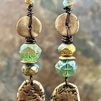 Bronze Coral Fossil Texture Earrings, Stacked Cairns, Washer Donut Beads, Czech Glass, Bronze & Aqua, Arty Mismatched Earrings, Long Dangles