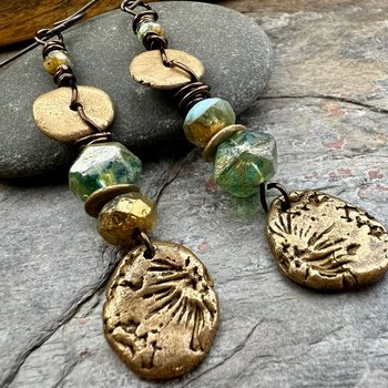 Bronze Coral Fossil Texture Earrings, Stacked Cairns, Washer Donut Beads, Czech Glass, Bronze & Aqua, Arty Mismatched Earrings, Long Dangles