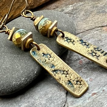 Bronze Dangle Drop Earrings, Coral Fossil Texture, Czech Glass Beads, Bronze and Blue, Hypoallergenic Niobium Ear Wires, Earthy Primitive
