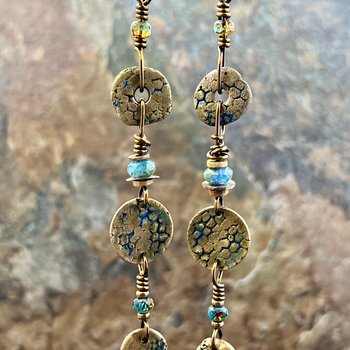 Long Dangle, Bronze Coral Fossil Texture Earrings, Stacked Cairns, Washer Donut Beads, Czech Glass, Bronze & Aqua, Arty Mismatched Earrings