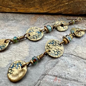 Long Dangle, Bronze Coral Fossil Texture Earrings, Stacked Cairns, Washer Donut Beads, Czech Glass, Bronze & Aqua, Arty Mismatched Earrings